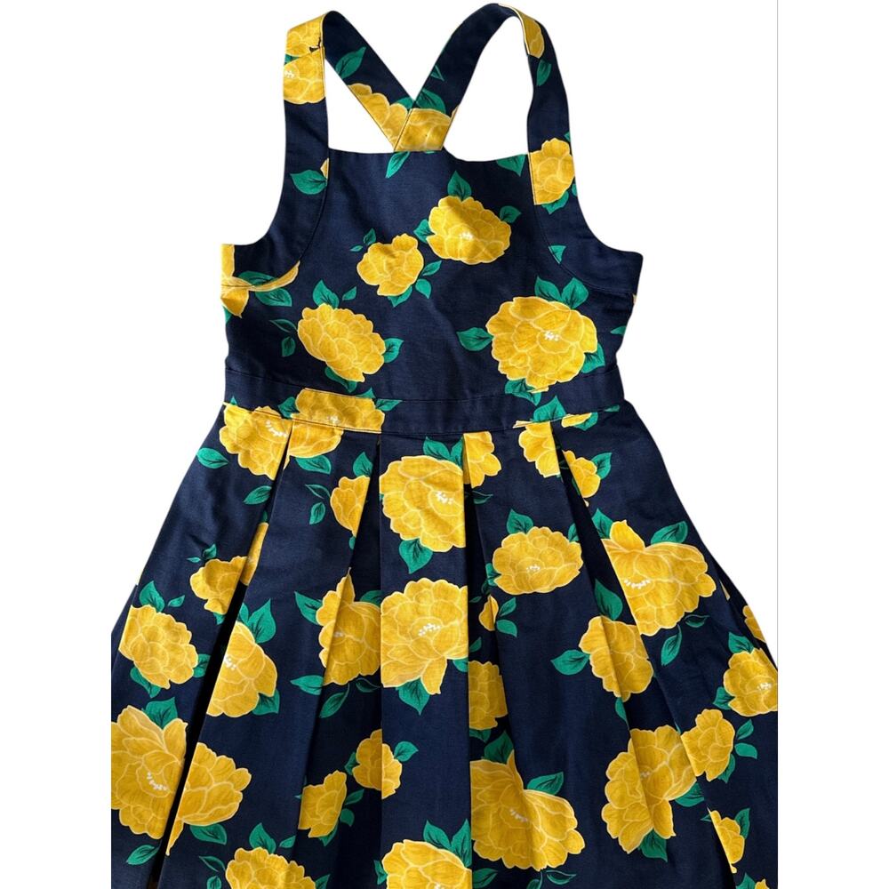 NWOT Janie and Jack Yellow Floral Dress Navy Blue Cotton Pleated Cross Back Sz 8 - Picture 3 of 9
